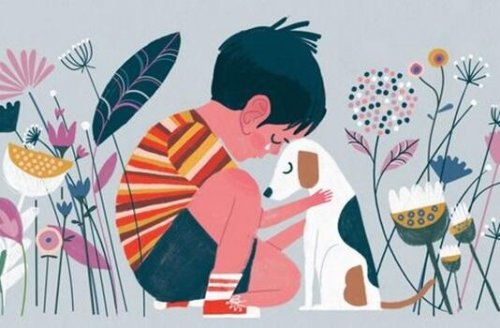 En dreng græder og krammer en hund