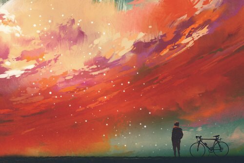 Maleri af en dreng, der ser på stjernerne på en rød himmel