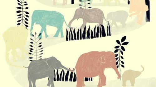 Tegning af elefanter, der går på række