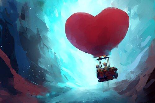 Personer flyver i luftballon med ballon formet som hjerte