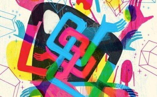 Farverige figurer med mange hænder