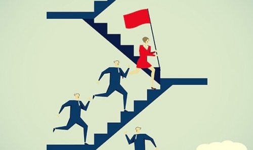 Forretningsmænd løber op af trappe efter kvinde med rødt flag