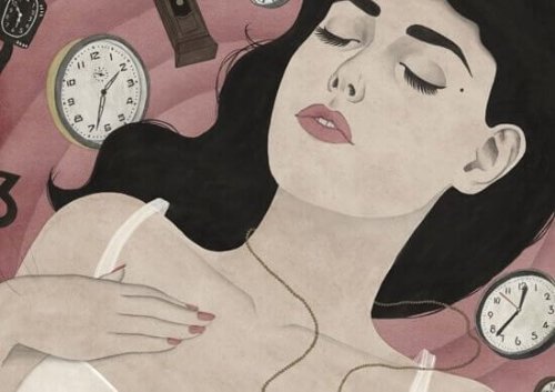 En tegning af en kvinde omringet af ure
