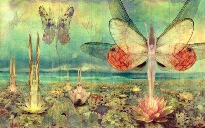 MAleri af sommerfugle, der vokser ud af lotusblomster