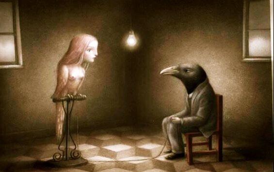 Galatea effekten illustreret af fugl med kvindehoved og mand med fuglehoved