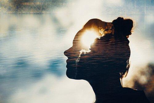 Silhuet af kvindes hoved foran sø