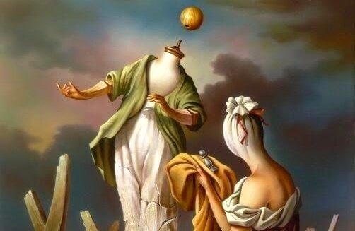 Maleri af personer uden hoved og med hoved bundet ind