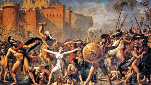 Et maleri af soldater, der angriber kvinder som symbol på forskellige former for epistemologi.