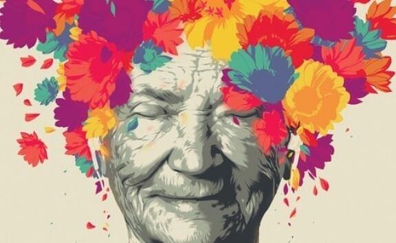gammel kvinde med blomster som hår besidder både intelligens og visdom