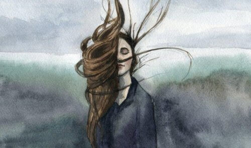 Maleri af kvinde, der står i vind