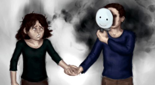 Mand med maske holder kvindes hånd