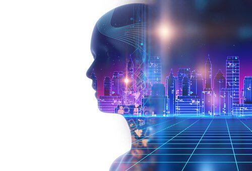 En persons silhuet fuld af bygninger