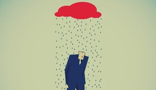 Person går under regnsky