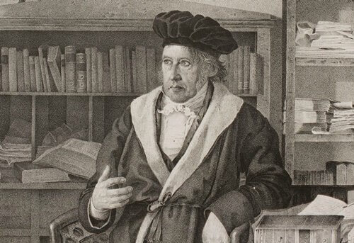 Portræt af Georg Wilhelm Friedrich Hegel i bibliotek