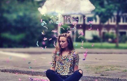 Pige under sky, der regner med konfetti, nyder gode livsværdier