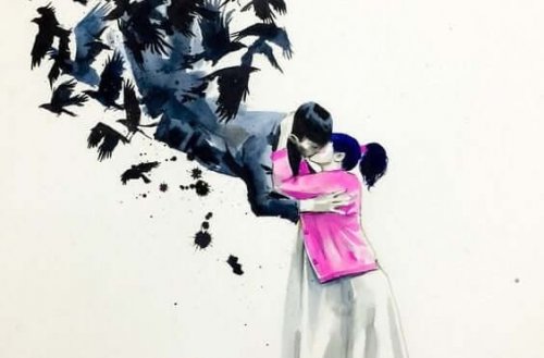 Kvinde kysser mand, der bliver båret væk af krager