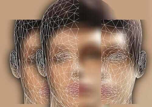 Tegning af mands hoved med net over og sløret baggrund