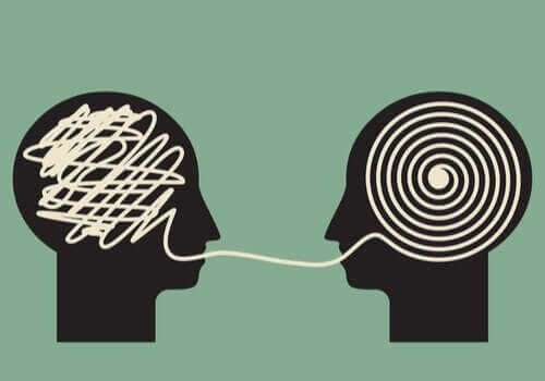 Teori om overbevisende kommunikation af Carl Hovland illustreres af to hoveder, der kommunikerer