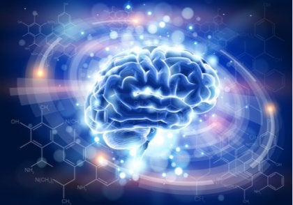 Oplyst blå hjerne viser, hvad der sker i hjernen