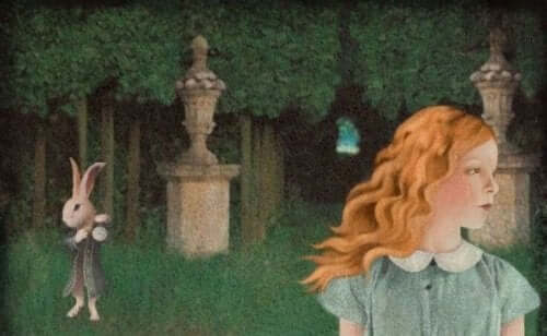 tegning af scene fra Alice i Eventyrland