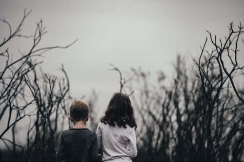 To børn ses bagfra i en vissen skov