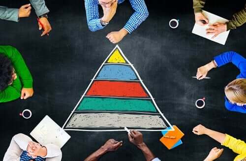 Maslows behovspyramide tegnet på et bord