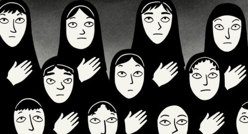 Animerede kvinder i burka på række