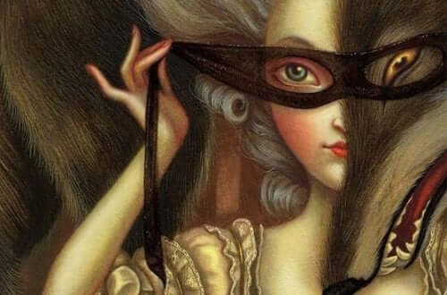 ulv og kvinde tager masken på