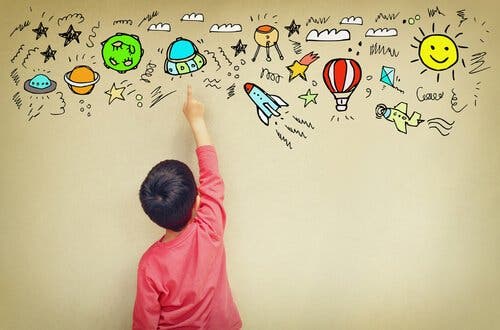 Barn, der peger på imaginære animationer