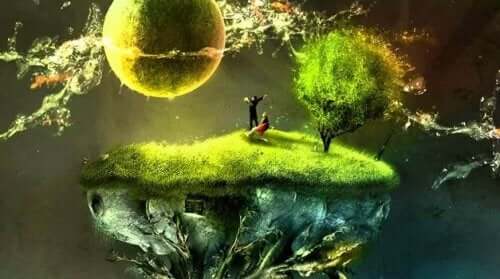 Flyvende klippe med græs i universet