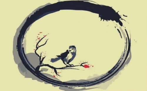 Tegning med fugl i en cirkel