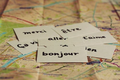 Kort med ord på forskellige sprog ligger på landekort