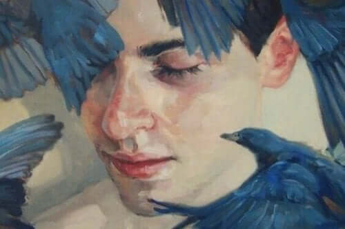 Maleri af mand omgivet af fugle