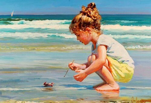 Maleri af pige i vandkant på strand