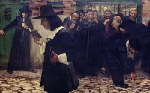 Maleri af Baruch Spinoza, der går og læser på en gade