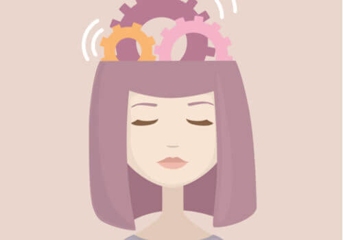 Tegning af kvinde med tandhjul i hjerne