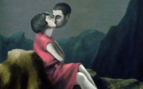 Maleri af mands hoved, der kysser en kvinde