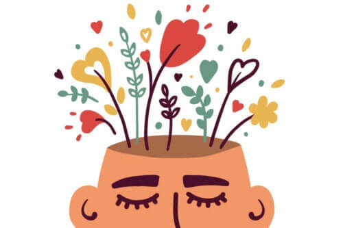 Abstrakt tænkning illustreres af person, hvor blomster vokser ud af hovedet
