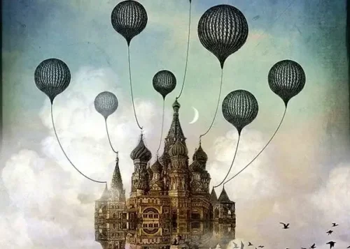 Slot, der holdes oppe af luftballoner, repræsenterer luftkasteller