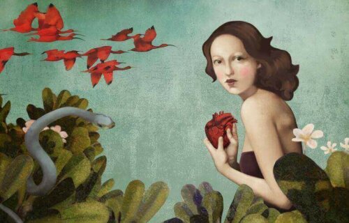 Maleri af kvinde med hjerte i hånden