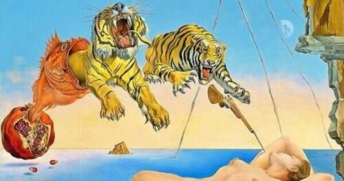 Maleri, hvor tigere hopper op og angriber kvinde på båd