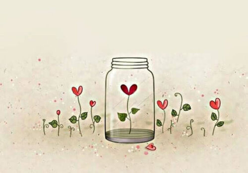 Krukke med spirende hjerte i symboliserer at give kærlighed