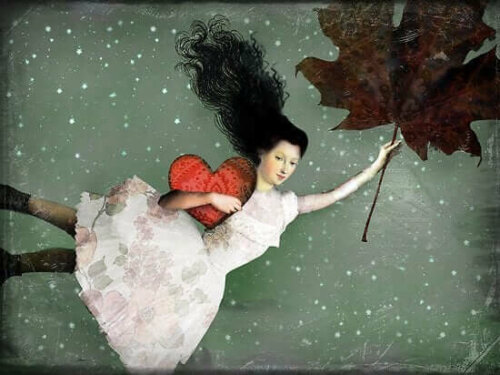 Kvinde flyver med blad og hjerte som symbol for at bære sandheden