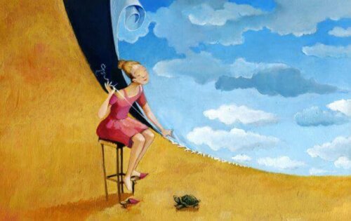 Kvinde syr en himmel