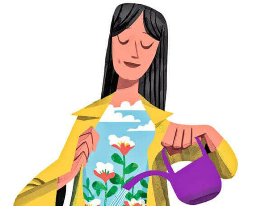 Kvinde vander blomster i sig selv som symbol for at gå fra nutiden til fremtiden