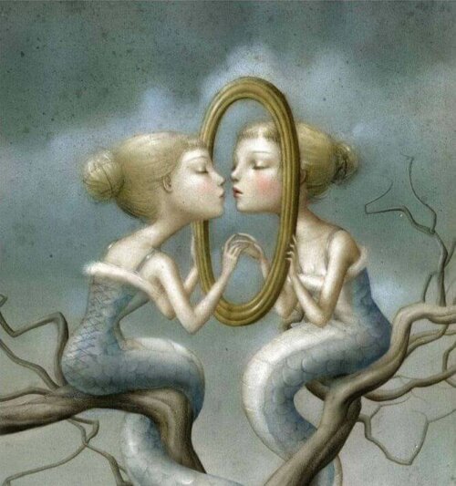 To kvinder kysser gennem spejl som symbol for loven om spejling
