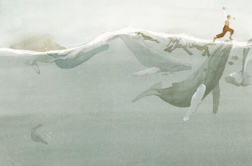 En mand går på hvaler i hav