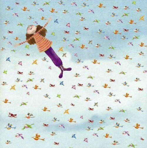 Pige flyver blandt fugle