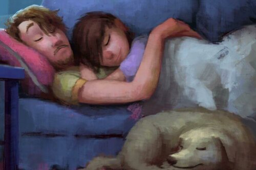 Tegning af par, der sover sammen på sofa