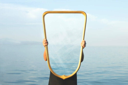 Person holder spejl ved hav